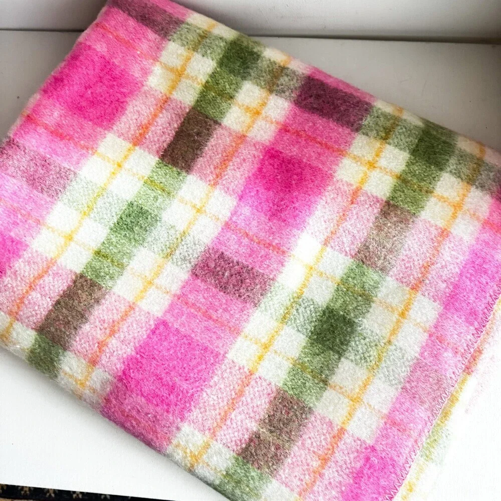 Ayers Vintage Pink Green Plaid Wool Blend Blanket